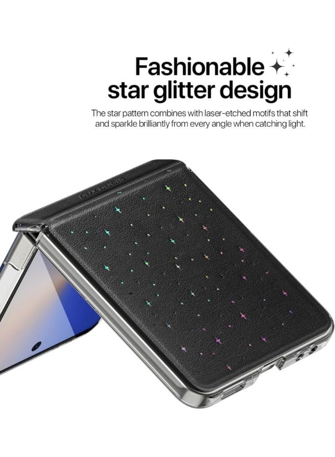 حافظه هاتف لموبيل Samsung Z Flip7 5G 2025، مع واقي شاشة من الزجاج المقوى، جراب مقاوم للصدمات من البولي يوريثين مع استرس نجوم ، جراب Samsung Z Flip7 5G، أسود - Image 4