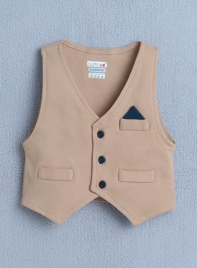 BUMZEE Boys Cotton Collar Neck Full Sleeves Solid Formal Set Beige & White - 6-12 Months (Peb11117C-bge) - Image 2