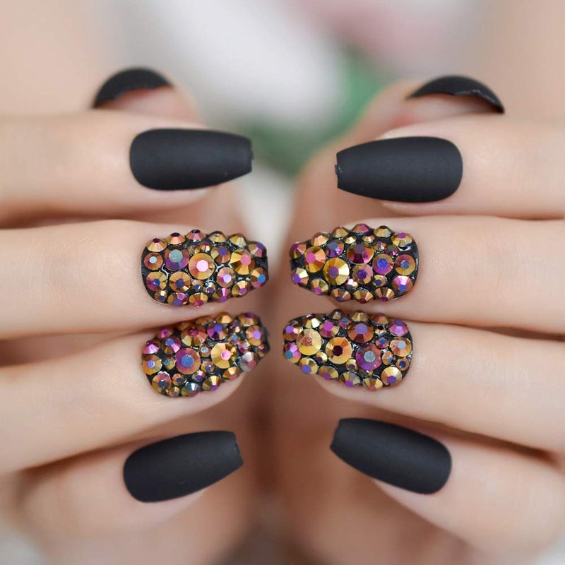 Frosted Coffin Nails Set Crystal Press On Nails Matte Black Medium False Nails Custom 24pcs