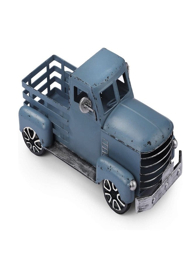 Fleecy day Blue Truck Decor Metal Small Cute Farm Car Decor Vintage Tree Flowers Handcrafted Decor Blue Metal Car Gift Boxes Pickup Truck Model - Image 1