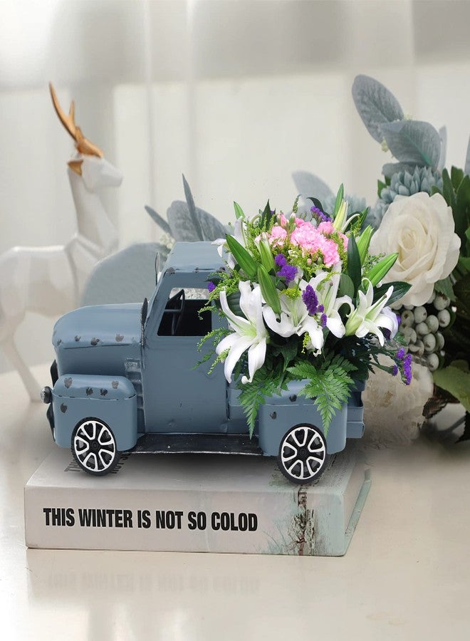 Fleecy day Blue Truck Decor Metal Small Cute Farm Car Decor Vintage Tree Flowers Handcrafted Decor Blue Metal Car Gift Boxes Pickup Truck Model - Image 3