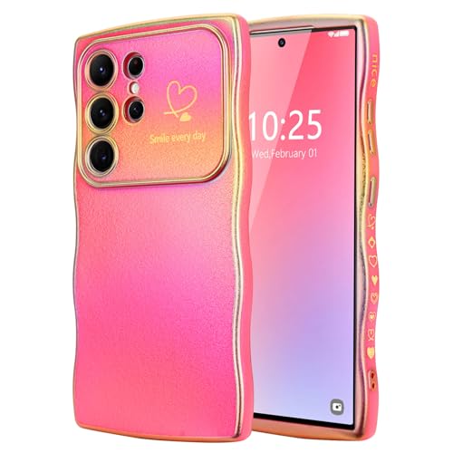 LCHULLE for Samsung Galaxy S25 Ultra Case for Women Girls, Cute Wave Frame Curly Shape with Love Heart Camera Protection Cover Luxury Plating Shockproof Case for Galaxy S25 Ultra 5G, Colorful Hot Pink - Image 1