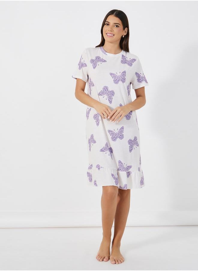 Styli Pack Of 2 -Butterfly Print Ruffle Hem Sleep T-Shirt Dress  - Image 3
