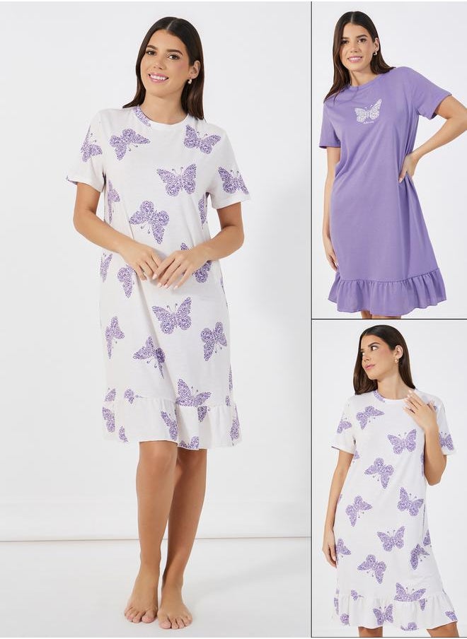 Styli Pack Of 2 -Butterfly Print Ruffle Hem Sleep T-Shirt Dress  - Image 1