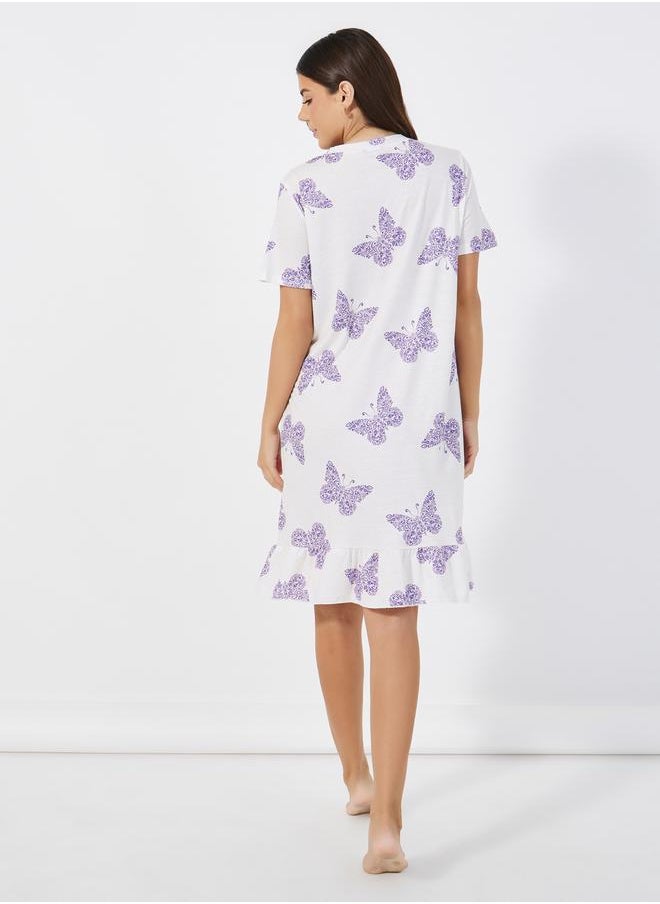 Styli Pack Of 2 -Butterfly Print Ruffle Hem Sleep T-Shirt Dress  - Image 5