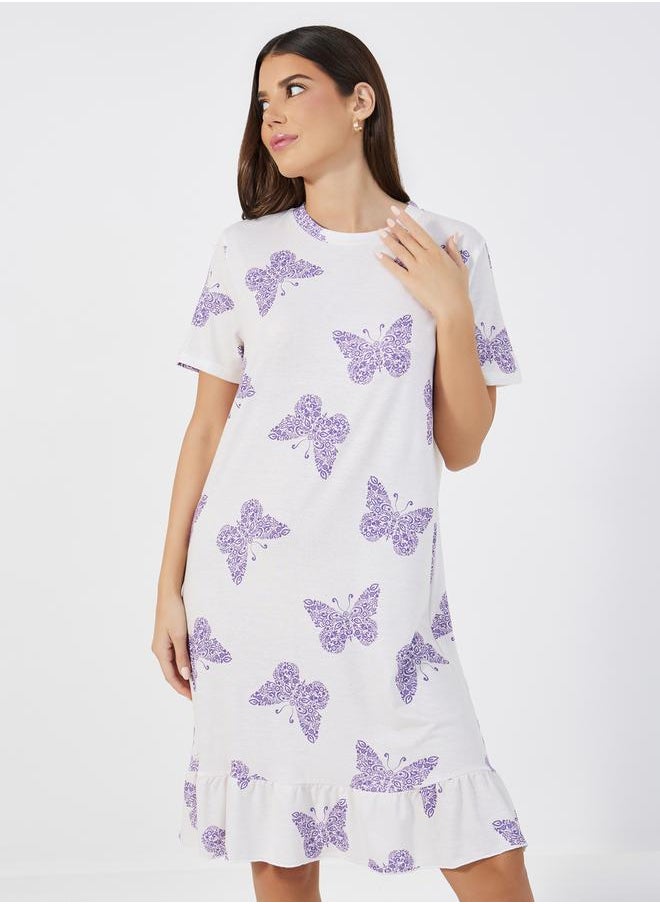 Styli Pack Of 2 -Butterfly Print Ruffle Hem Sleep T-Shirt Dress  - Image 2