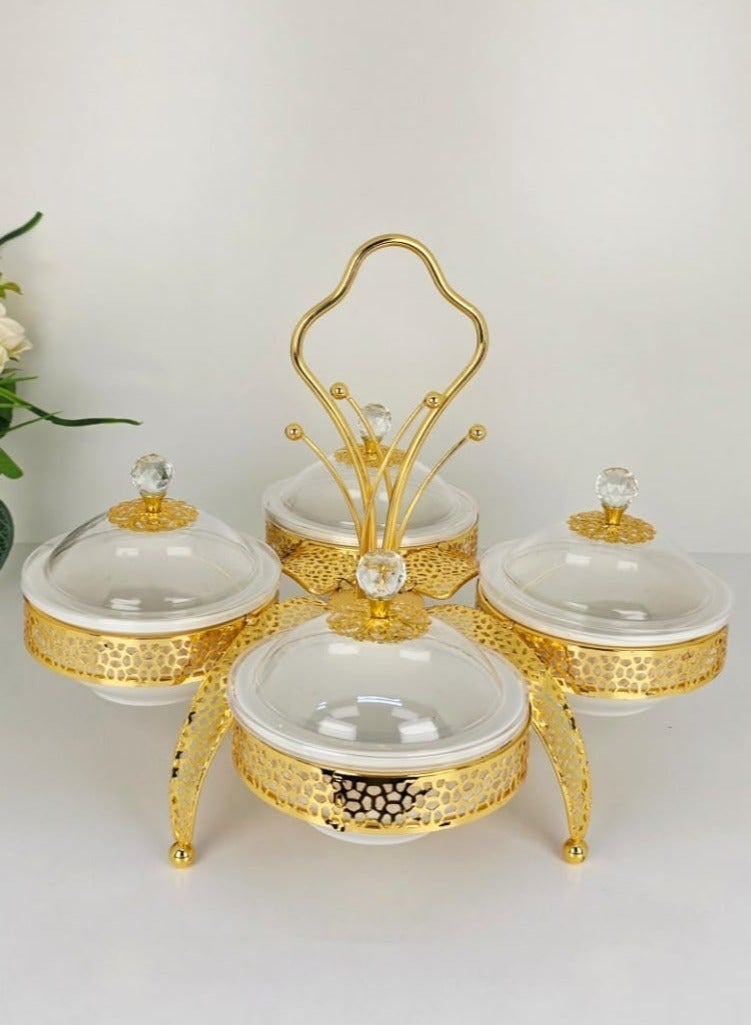 Candy and Dates Serving Bowl Set with Metal Rack – 4 Glass Bowls with Lids & Handle | Ideal for Serving Fruits, Snacks, Dry Fruits, Desserts & Condiments