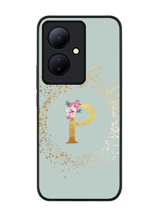 Stylizedd Rugged Black edge case for Vivo V29 Lite, Slim fit Thin Cover- Custom Monogram Initial Letter Floral Pattern Alphabet-P  (Light Grey ) - Image 1