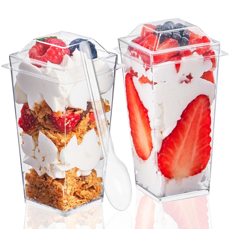 TOFLEN 50 Pack 3 oz Square Mini Dessert Cups with Lids and Spoons Clear Plastic Dessert Shooter Cups for for Party Yogurt Parfait Cheesecake Pudding Jello and Appetizers