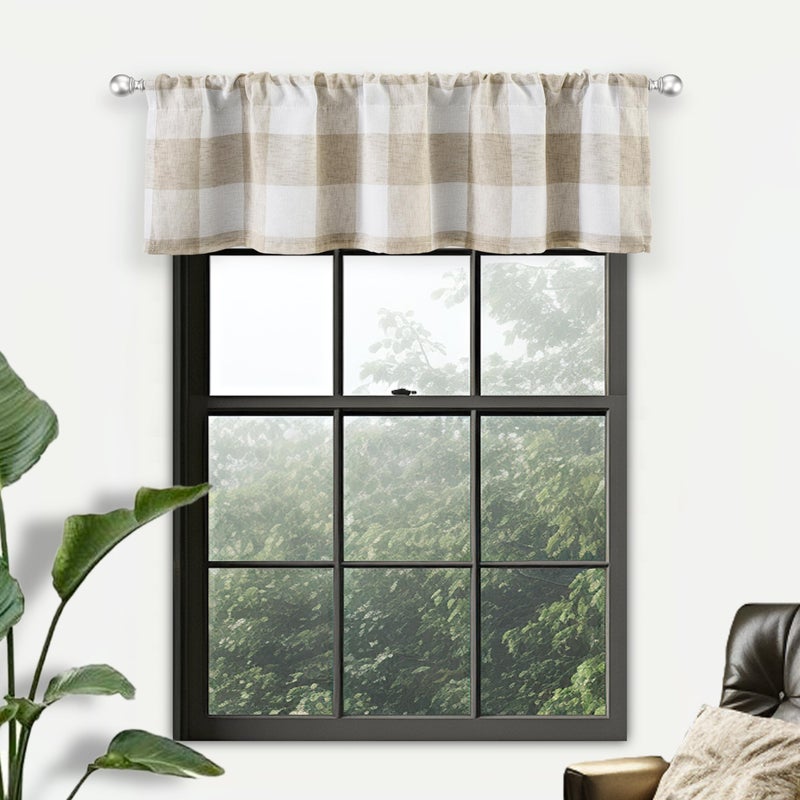 DriftAway Linen Textured Lined Valances for Windows Buffalo Check Curtain Window Valances Woven Plaid Blackout Thermal Insulated for Kitchen Living Room 1 Pack 52 x 14 Taupe