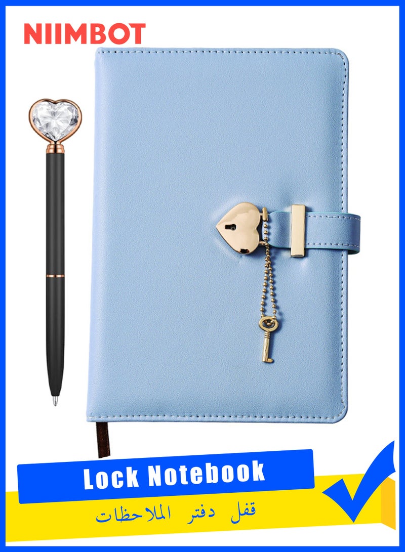 NIIMBOT A5 Lock Notebook Diary with Heart Ballpoint Pen, 240 Pages Hardcover Lined Journal, Perfect for Office Home School Business Writing Note Taking (Blue) - Image 1
