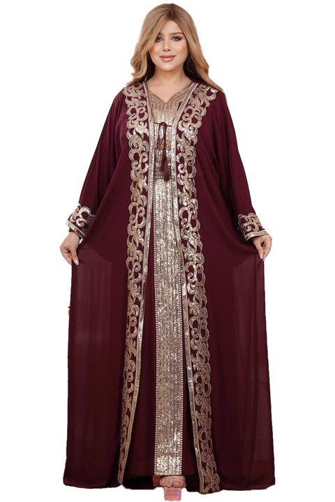 Abaya For Receptions, Morning Wear, And Special Occasions Chiffon Material Consists of 3 Pieces , Model 538 , Dark Purple