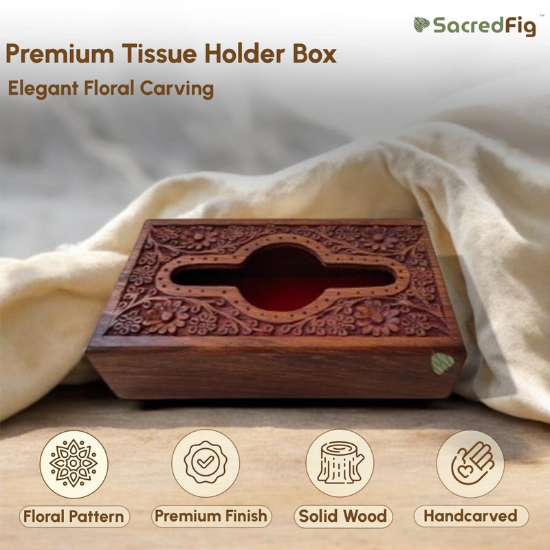SacredFig Premium Handcrafted Wooden Tissue Holder, Tissue Box, Napkin Holder for Dining, Tissue Paper Holder, Tissue Dispenser, Napkin Stand | Elegant Floral Carving in Sheesham Wood (22x12 cm) - Image 2