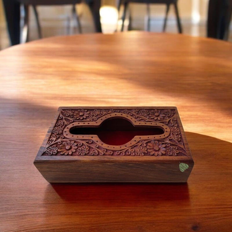 SacredFig Premium Handcrafted Wooden Tissue Holder, Tissue Box, Napkin Holder for Dining, Tissue Paper Holder, Tissue Dispenser, Napkin Stand | Elegant Floral Carving in Sheesham Wood (22x12 cm) - Image 1