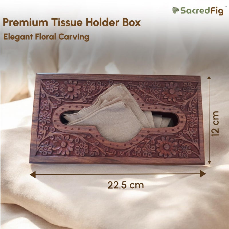SacredFig Premium Handcrafted Wooden Tissue Holder, Tissue Box, Napkin Holder for Dining, Tissue Paper Holder, Tissue Dispenser, Napkin Stand | Elegant Floral Carving in Sheesham Wood (22x12 cm) - Image 4