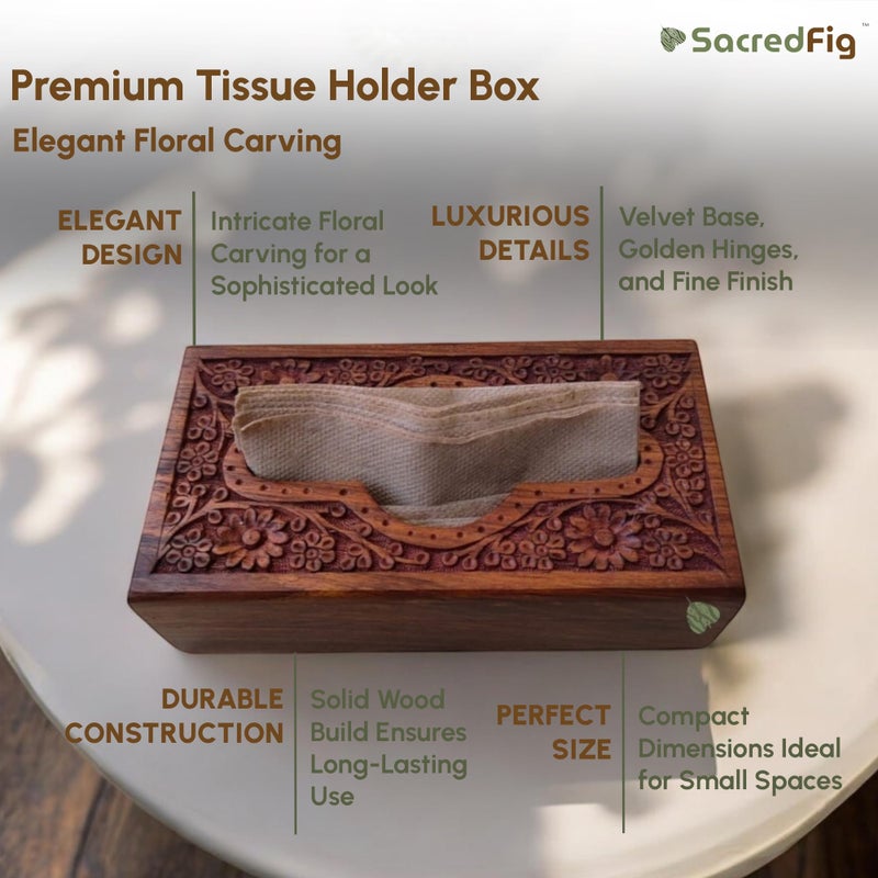 SacredFig Premium Handcrafted Wooden Tissue Holder, Tissue Box, Napkin Holder for Dining, Tissue Paper Holder, Tissue Dispenser, Napkin Stand | Elegant Floral Carving in Sheesham Wood (22x12 cm) - Image 3