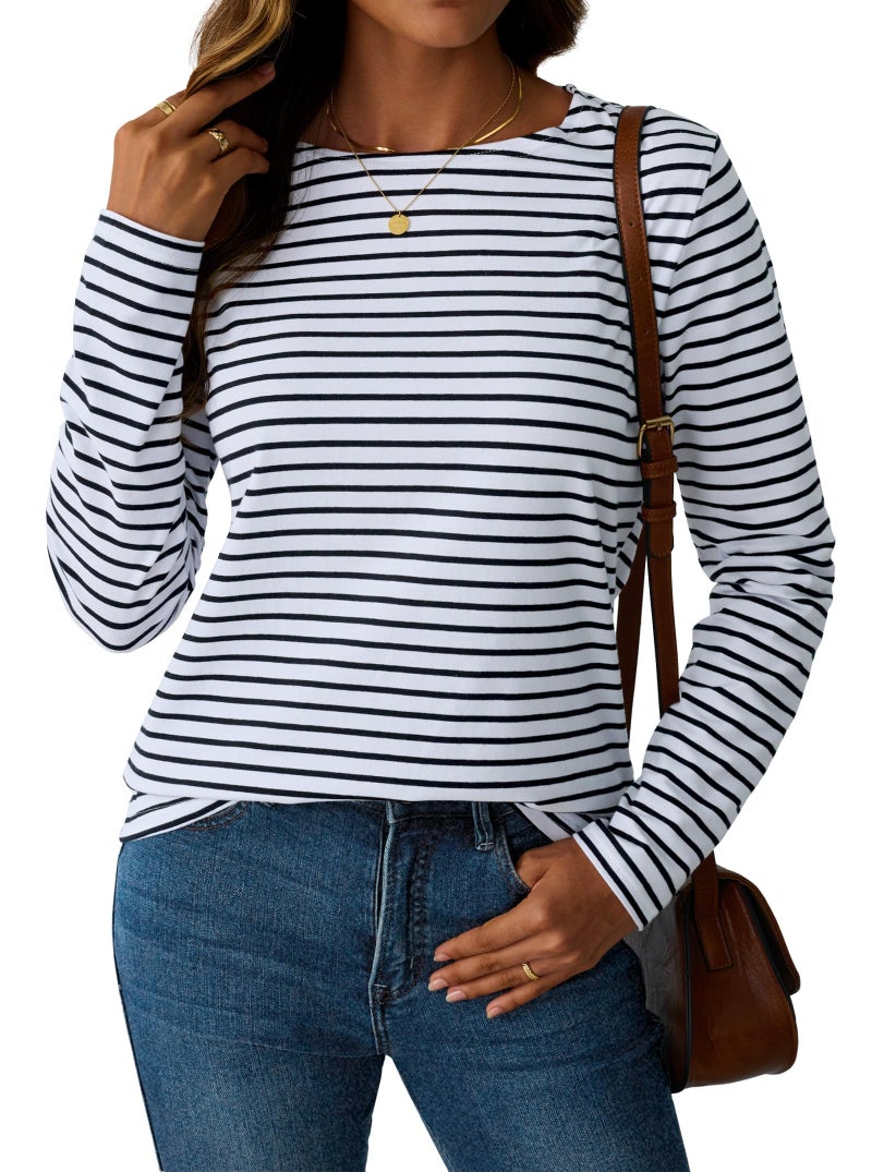 LilyCoco Womens Striped Long Sleeve Shirt Boat Neck Tops Breton Loose Fit Tshirt Black White X-Large - Image 1