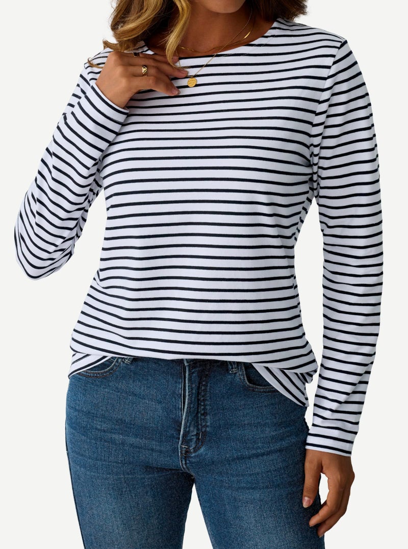 LilyCoco Womens Striped Long Sleeve Shirt Boat Neck Tops Breton Loose Fit Tshirt Black White X-Large - Image 2