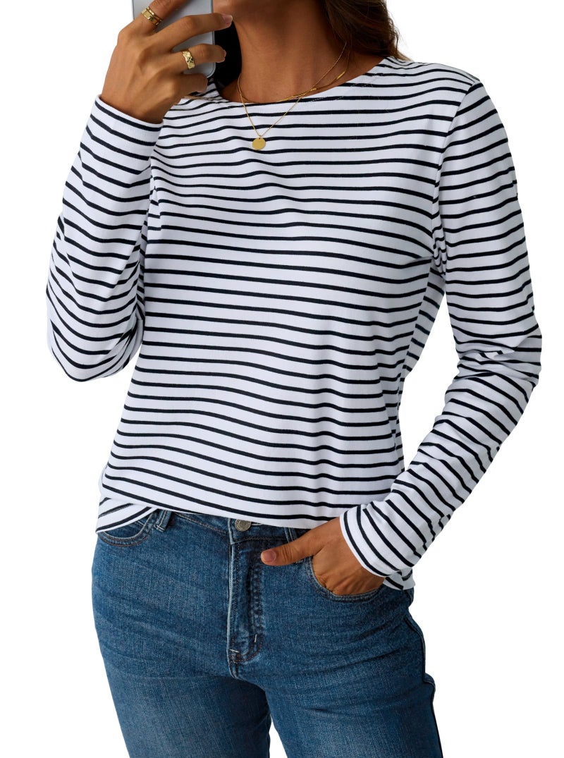LilyCoco Womens Striped Long Sleeve Shirt Boat Neck Tops Breton Loose Fit Tshirt Black White X-Large - Image 4