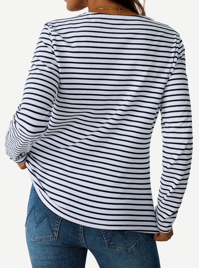 LilyCoco Womens Striped Long Sleeve Shirt Boat Neck Tops Breton Loose Fit Tshirt Black White X-Large - Image 5