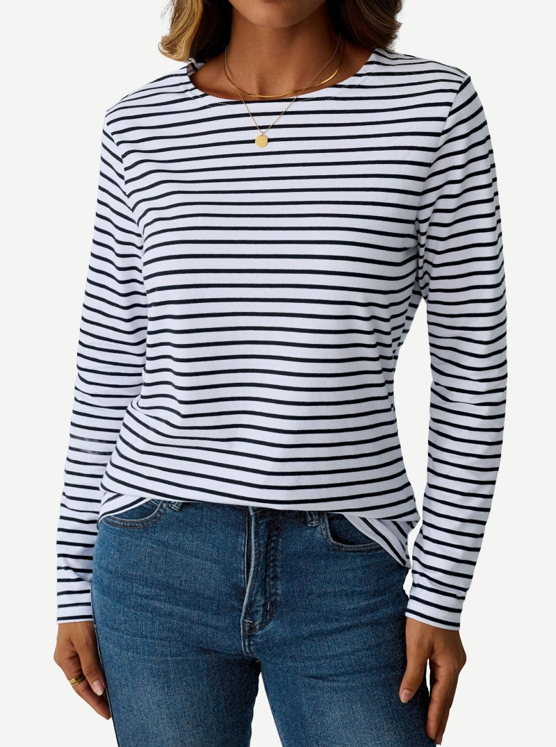 LilyCoco Womens Striped Long Sleeve Shirt Boat Neck Tops Breton Loose Fit Tshirt Black White X-Large - Image 3
