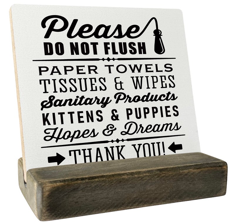 Gkwa Farmhouse 'Do Not Flush' Plaque with Pawsome Kittens & Puppies on Wooden Stand - Image 1