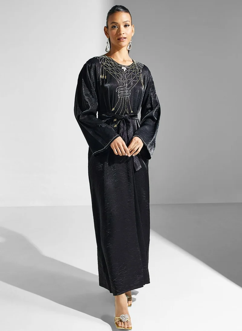 hayas closet Embellished Belted Black Jalabiya
