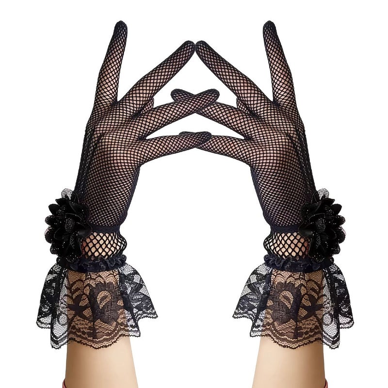 Red Lace Flower Mesh Gloves for Gothic Halloween Parties Vintage Court Dinner Outfits Themed Photo Shoot Christmas Costumes New Year Fantasy Looks - Image 3