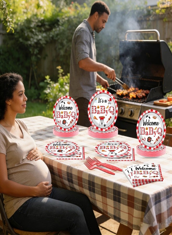Oitnlaughter 96PCS BabyQ Party Paper Plates and Napkins BBQ Themed Baby Shower Party Decoration Barbecue Tableware Set Disposable BBQ Supplies for Gender Reveal Summer Picnic BabyQ Birthday Gatherings Decorations - Image 5