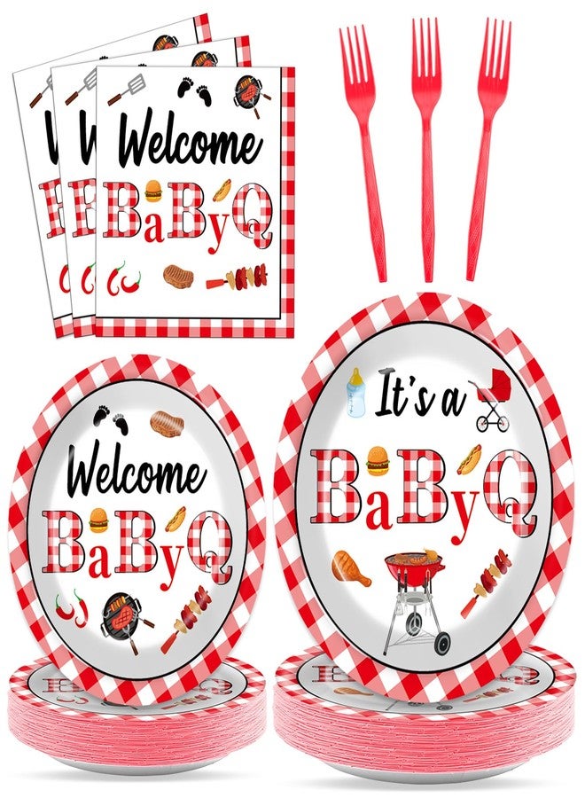 Oitnlaughter 96PCS BabyQ Party Paper Plates and Napkins BBQ Themed Baby Shower Party Decoration Barbecue Tableware Set Disposable BBQ Supplies for Gender Reveal Summer Picnic BabyQ Birthday Gatherings Decorations - Image 1