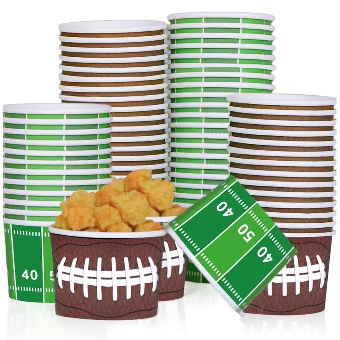 FOOTBALL PARTY SNACK BOWLS SUPPLIES FOR 50 GUESTS DISPOSABLE 9 OZ FOOTBALL CHILI SERVING SNACK BOWLS PAPER TREAT CUPS BUCKET FOR GAME DAY FOOTBALL SPORTS EVENTS FOOD BIRTHDAY PARTY