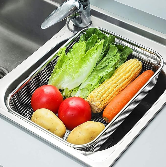 Snevad Air Fryer Basket for Oven, Small Fine Wire Mesh Stainless Steel Strainer Kitchen Colander for Strain Drain Washing Vegetables Fruits Basket for Frying Roasting Chips, Meat, Fish [29.5x22x6 CM] - Image 3