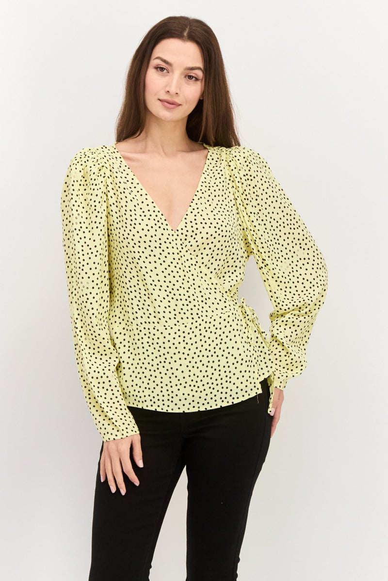 MANGO Women Surplice Neck Long Sleeve Polka Dots Wrap Top, Yellow - Image 1