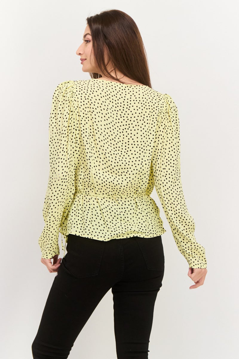 MANGO Women Surplice Neck Long Sleeve Polka Dots Wrap Top, Yellow - Image 3