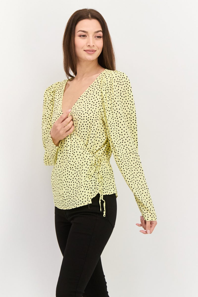 MANGO Women Surplice Neck Long Sleeve Polka Dots Wrap Top, Yellow - Image 2