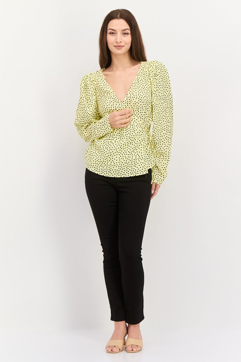 MANGO Women Surplice Neck Long Sleeve Polka Dots Wrap Top, Yellow - Image 4
