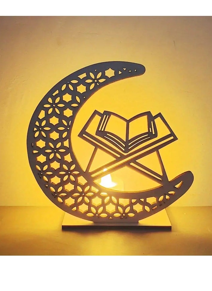 PAMEER Ramadan Kareem Ornament, Eid Crafts Night Light, 3D Wooden Moon Desktop Decor, Eid Ornaments Gift For Muslims, Home Decor, Room Scene Decor, Islamic Ramadan Mubarak Themed Party Decor with LED Candle  - Image 1
