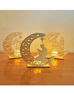 PAMEER Ramadan Kareem Ornament, Eid Crafts Night Light, 3D Wooden Moon Desktop Decor, Eid Ornaments Gift For Muslims, Home Decor, Room Scene Decor, Islamic Ramadan Mubarak Themed Party Decor with LED Candle  - Image 2