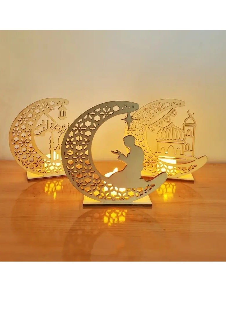 PAMEER Ramadan Kareem Ornament, Eid Crafts Night Light, 3D Wooden Moon Desktop Decor, Eid Ornaments Gift For Muslims, Home Decor, Room Scene Decor, Islamic Ramadan Mubarak Themed Party Decor with LED Candle  - Image 2