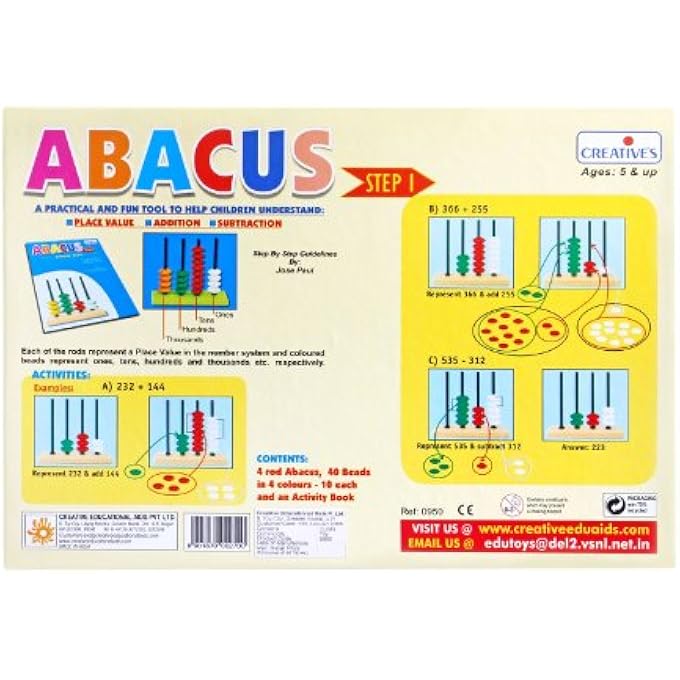 ABACUS STEP-1, PRACTICAL AND FUN WAY TO LEARN PLACE VALUE, ADDITION, SUBTRACTION, LEARNING & EDUCATIONAL, 4 ROD ABACUS & 40 BEADS IN 4 COLOURS, ACTIVITY BOOK INCLUDED, GIFT - AGES 5 & UP - Image 2