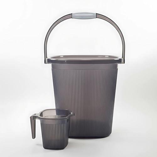 GALOOF Strong Plastic Bucket Mug Bathroom Set of 2 for Kitchen & Bathroom | Solid Color Striped Pattern Balti with Mug (Transparent Grey, 25 Liter Bucket + 1.5 Liter Mug) - Image 1