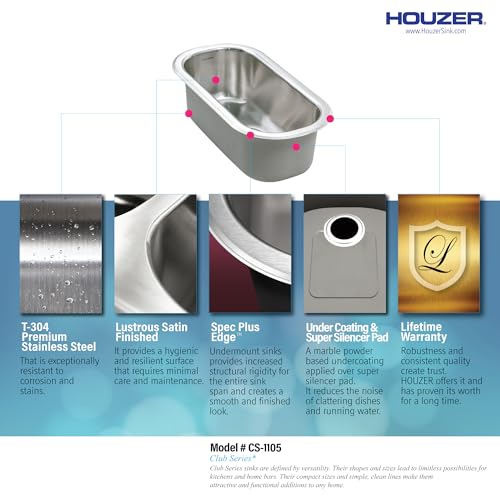 Houzer Club Stainless Steel Kitchen Bar & Prep Sink: 10 Inch Undermount Compact Oval Sink with Strainer & Bottom Grid, Durable & Versatile, Essential for Home & Apartment: CS-1105-C - Image 4