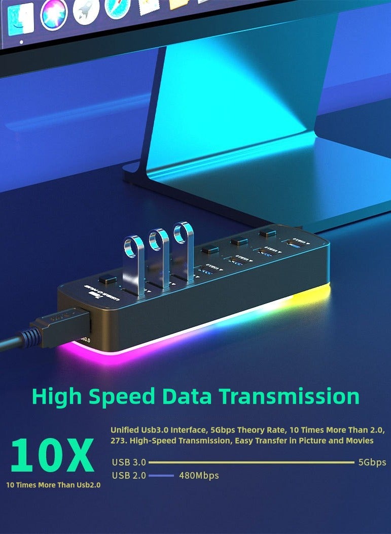 NFS 7-in-1 USB Hub with RGB Lighting & Individual Switch Control - Image 2