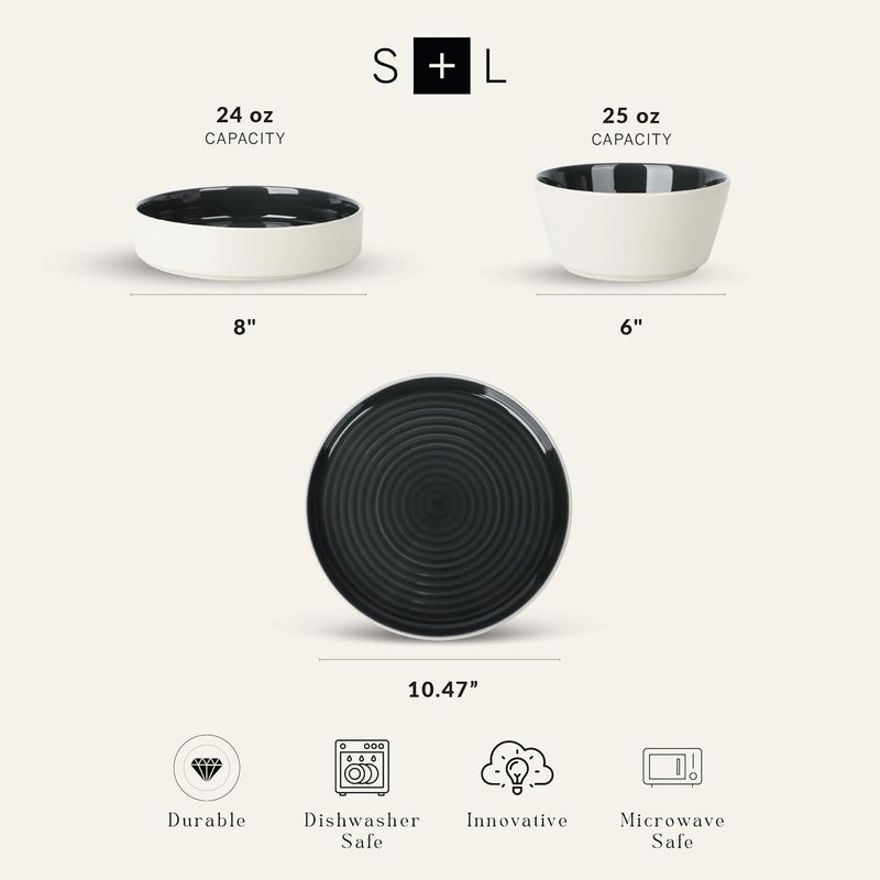 Stone Lain طقم أدوات المائدة الحديثة من ستون لاين إليكا 12 قطعة من الفخار، أطباق ووعاء لـ 4 أشخاص باللونين الأسود والبيج - Image 2