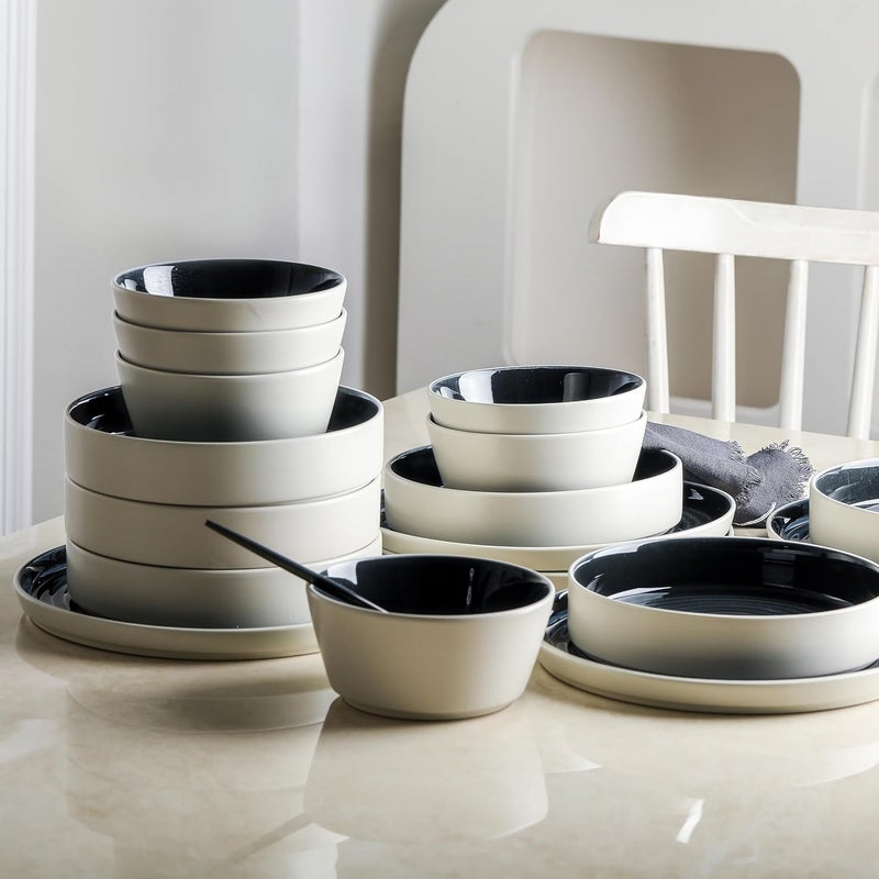 Stone Lain طقم أدوات المائدة الحديثة من ستون لاين إليكا 12 قطعة من الفخار، أطباق ووعاء لـ 4 أشخاص باللونين الأسود والبيج - Image 3