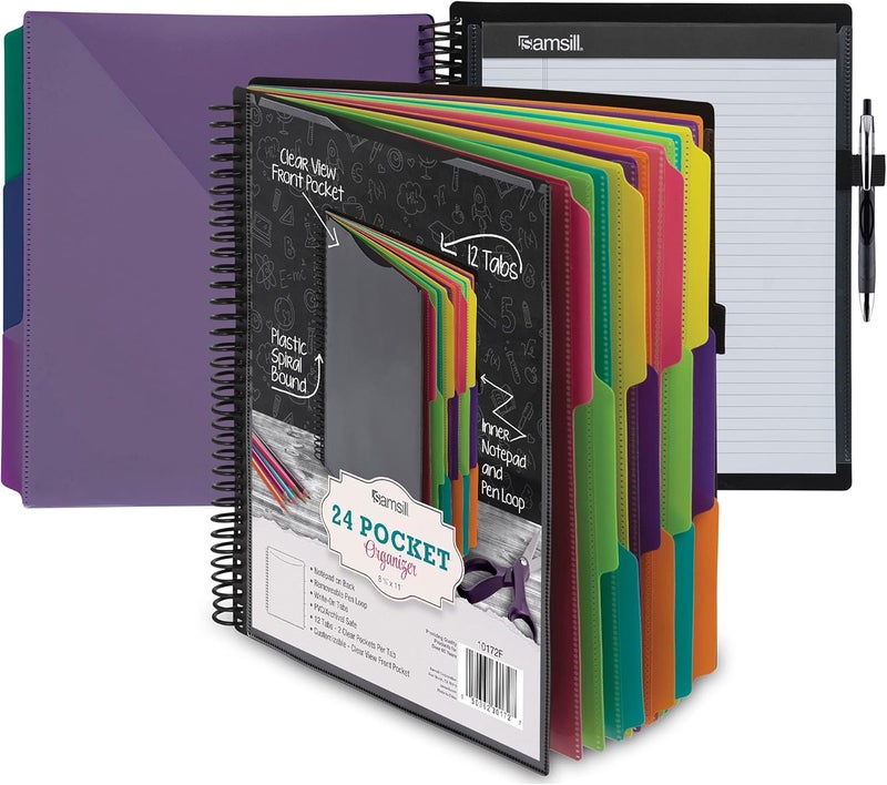 Samsill منظم مشاريع حلزوني فاخر من سامسيل بسعة 24 جيب مع حامل دفتر ملاحظات قابل للتعبئة غلاف أمامي قابل للتخصيص 12 فاصل مع علامات قابلة للمسح بألوان عصرية - Image 1