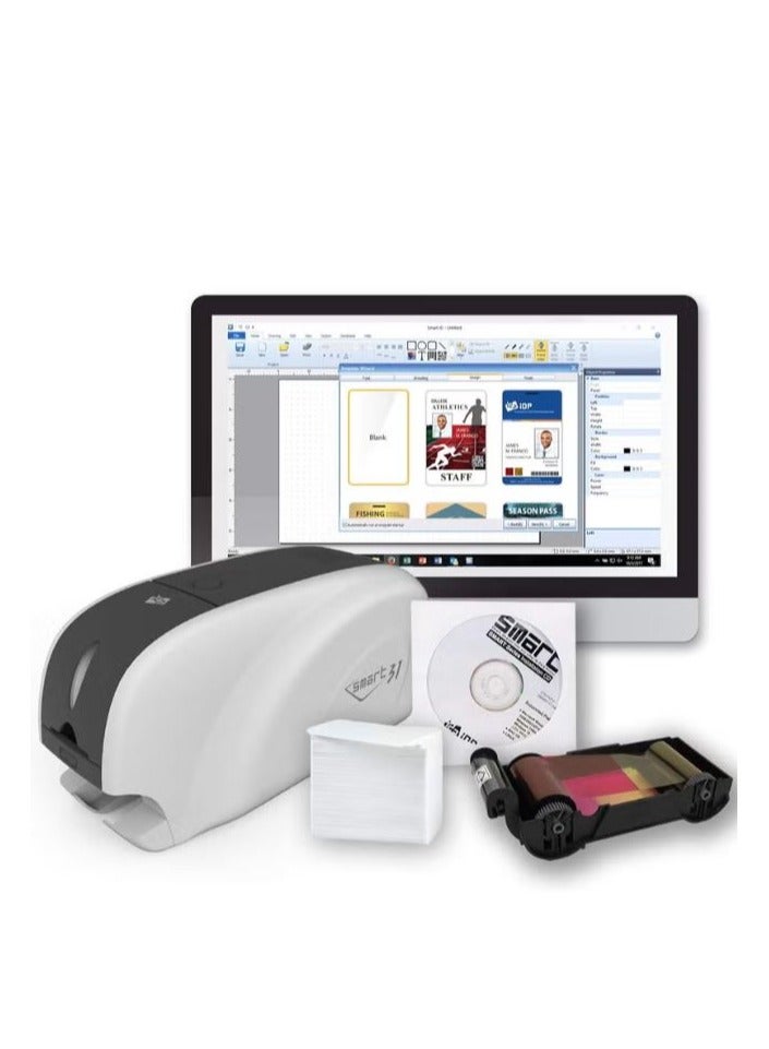 سمارت IDP SMART-31S Single-Sided ID Card Printer Kit – Includes YMCKO Ribbon (250 Prints), 100 PVC Cards & PC-Only Software - Image 1