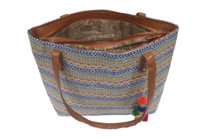 SHIVKARI Womens Girls Traditional Ikkat Tote Handbag with Tassels | Multicolor - Image 5