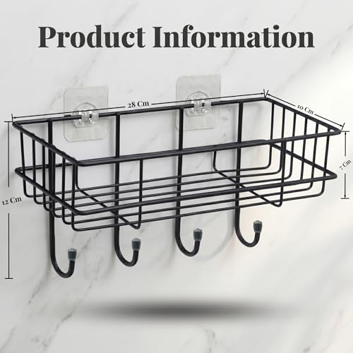 Shynora 2-Pack Self Adhesive Bathroom Kitchen Storage Shelf Rack Wall Mounted Bathroom Accessories with 4-Towel Holder Hooks with Black Matt Finish Stainless Steel (Black), Floating Shelves - Image 4