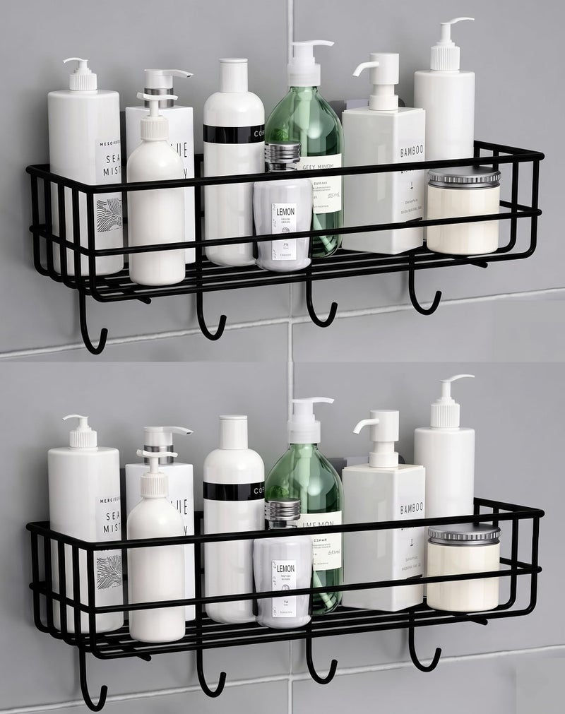 Shynora 2-Pack Self Adhesive Bathroom Kitchen Storage Shelf Rack Wall Mounted Bathroom Accessories with 4-Towel Holder Hooks with Black Matt Finish Stainless Steel (Black), Floating Shelves - Image 1